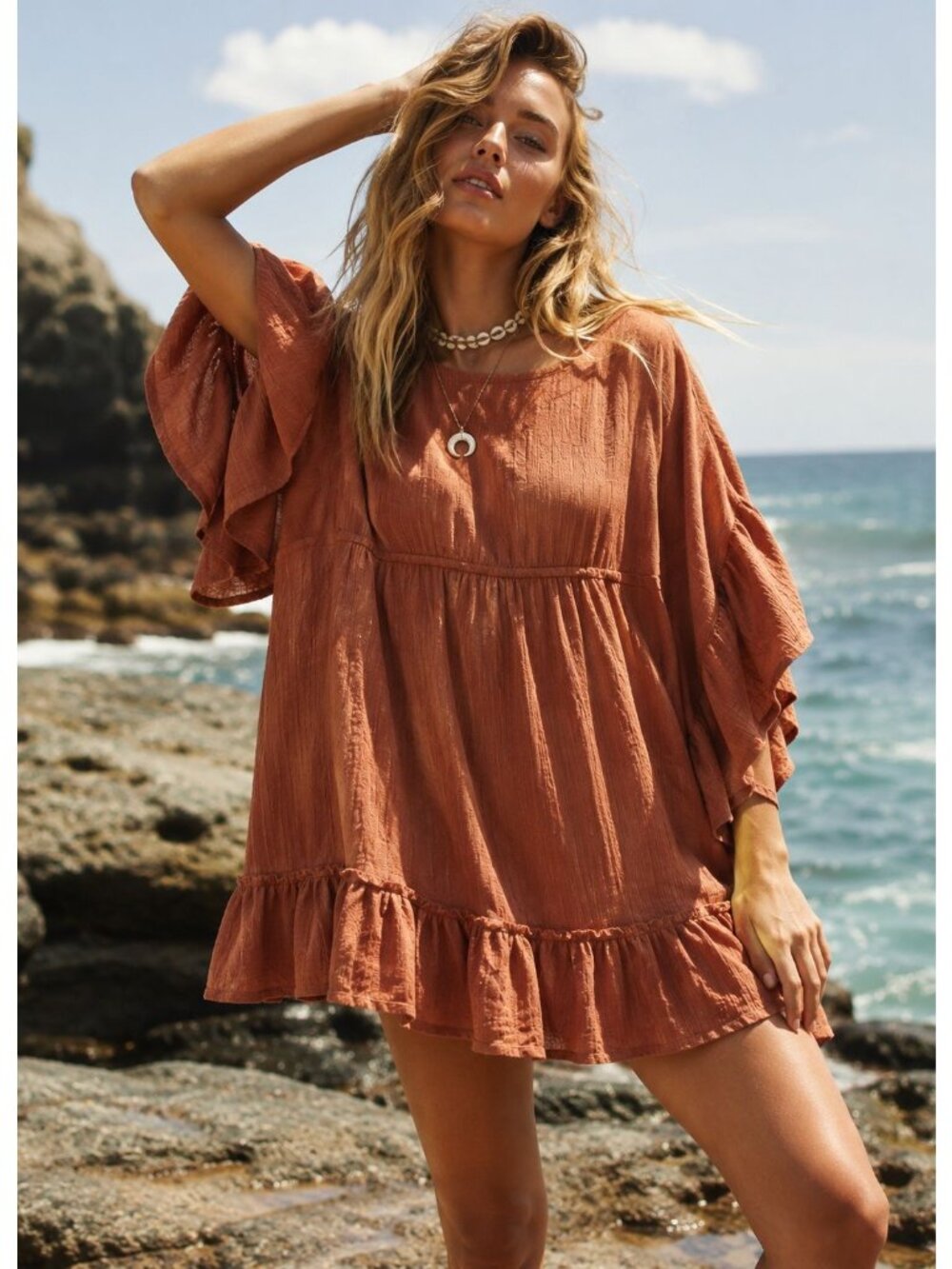 FP Beach Ruffled Hem Tunic Dress In Burnt Orange Flowy Design Size XS